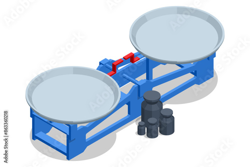 Isometric balance scale. Balance Scale with Double Pans. Bowls of scales in balance. Calibration weight banner. Sellers and marketing