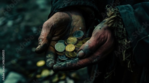 portrait of a person anxiously counting the last few coins in their hand, financial crisis photo