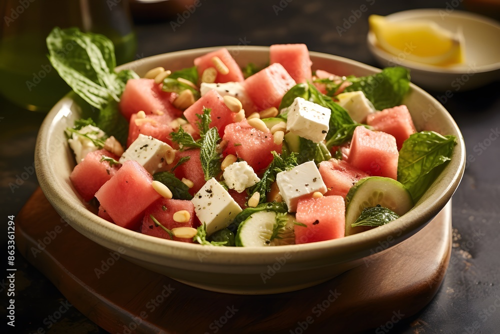 Fresh watermelon and feta cheese salad with mint leaves on a plate. Fresh watermelon and feta cheese salad with mint leaves on a plate.