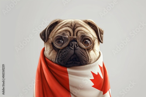 Cute funny pug dog wearing bandana with Canadian Flag. Creative concept for Canada Day. Victoria Day, Civic Holiday, Remembrance Day. Banner or poster with copy space for national holiday photo