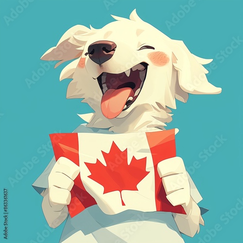 Cute funny dog holding Canadian Flag on blue background. Creative concept for Canada Day. Victoria Day, Civic Holiday, Remembrance Day. Pet care. Banner or poster with copy space for national holiday photo