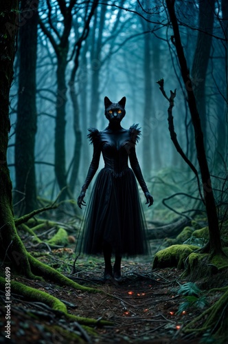 a black cat costume stands in a forest 