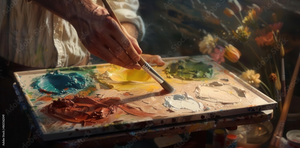 Fototapeta premium Creative Artistry. Painter mixing paints on a palette concept
