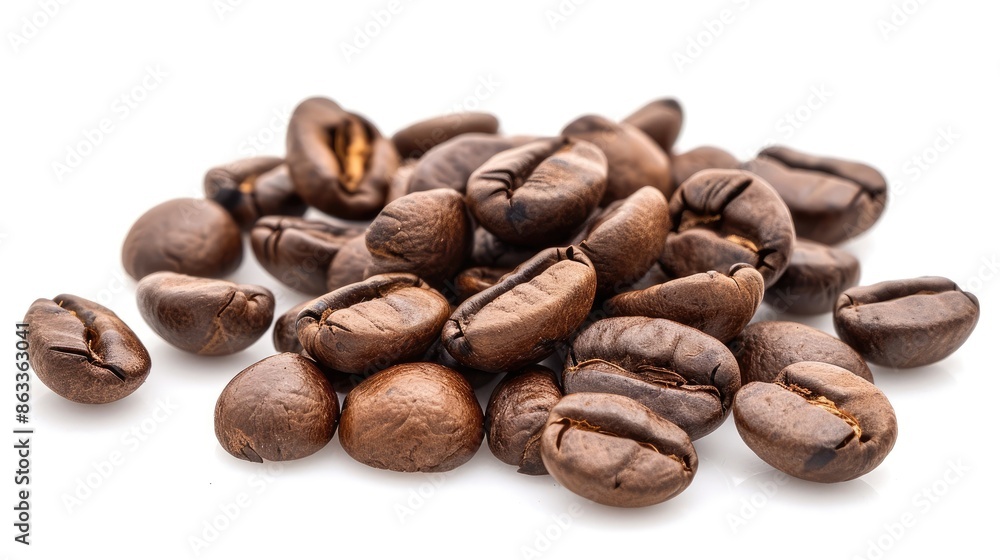 Coffee beans that have been roasted set apart against a white backdrop Coffee beans that have been roasted set apart against a white backdrop