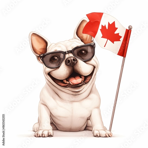 Cute funny dog holding Canadian Flag on white background. Creative concept for Canada Day. Victoria Day, Civic Holiday, Remembrance Day. Pet care. Banner or poster with copy space for national holiday photo