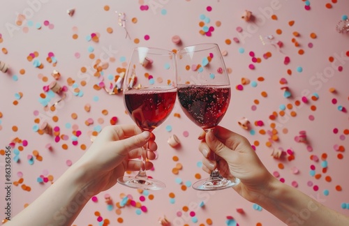 Two Hands Holding Wine Glasses Against Pink Confetti Background