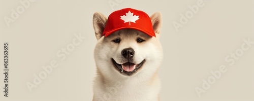 Cute funny dog wearing hat with maple leaf on white background. Canada Day. Victoria Day, Civic Holiday. Autumn concept. Hockey fan. Banner or poster with copy space for national holiday photo