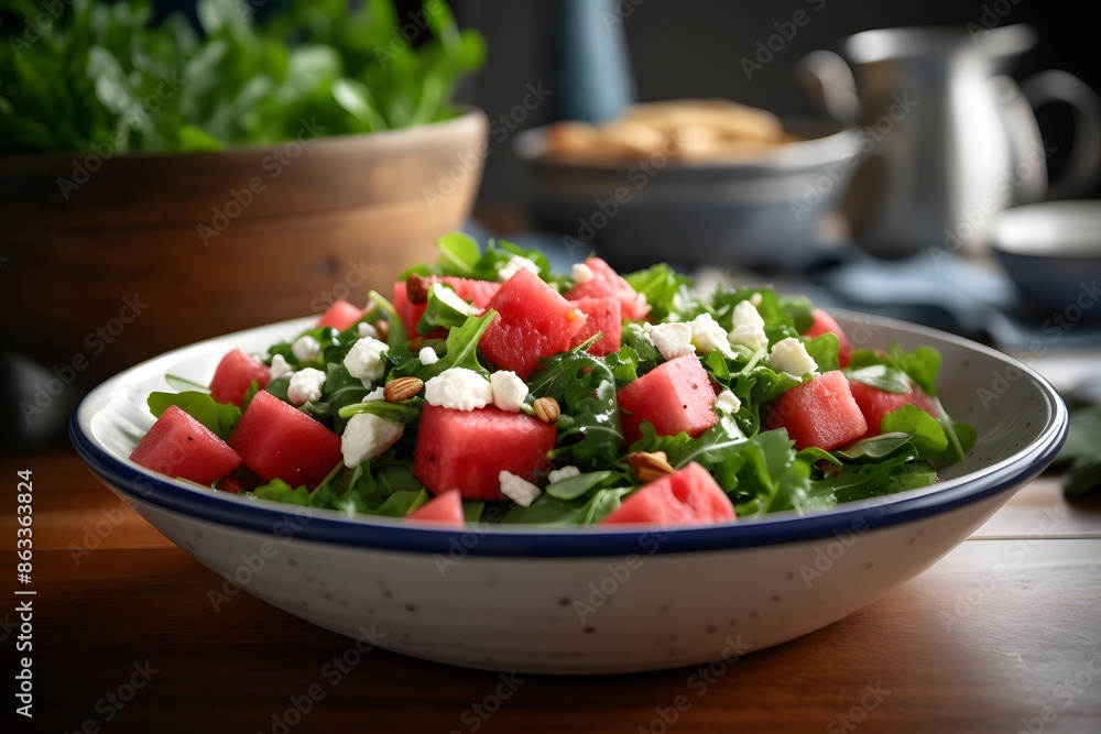 Fresh watermelon and feta cheese salad with mint leaves on a plate.
