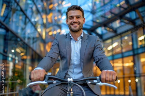 Businessman Commuting by Bicycle, Urban Office Background, Modern Lifestyle © PUTTER-ART