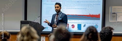 Medical researcher presenting findings at a conference for dissemination research comprehensive visual assessment of research dissemination strategies