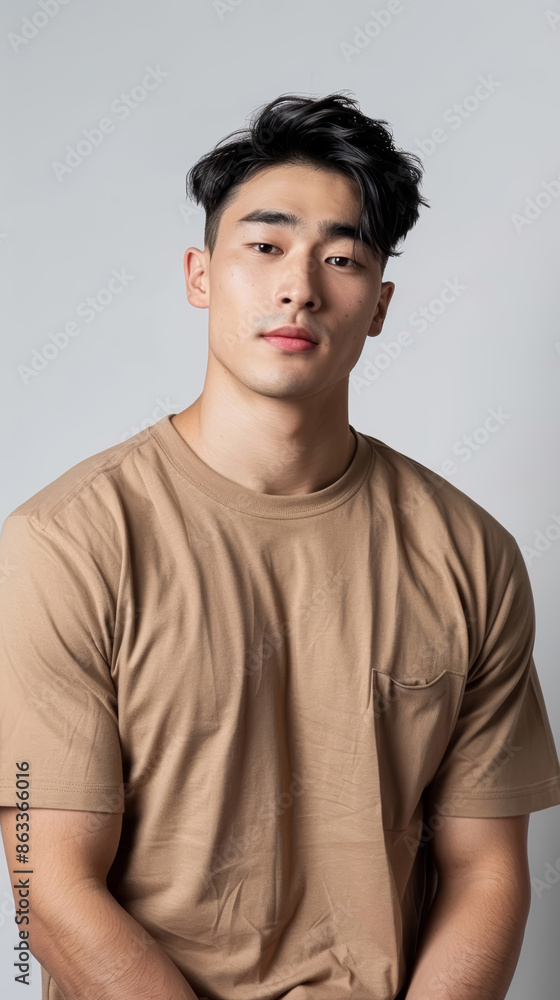 Handsome muscular Asian male model wearing a plain light brown t-shirt Handsome muscular Asian male model wearing a plain light brown t-shirt