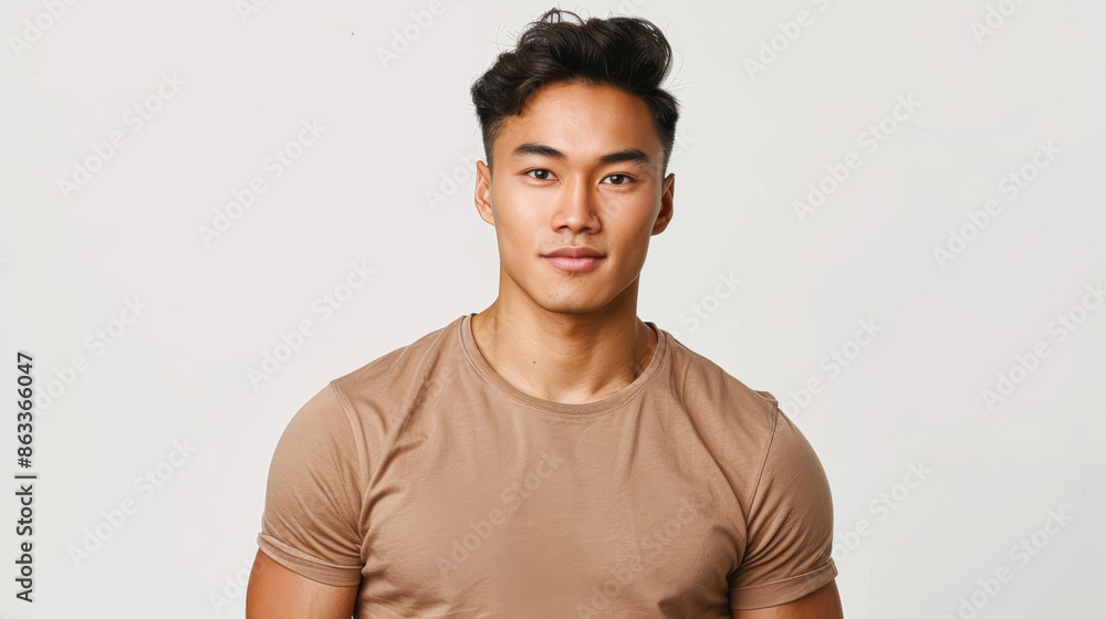 Young and handsome muscular Asian male model wearing a plain light brown t-shirt
Young and handsome muscular Asian male model wearing a plain light brown t-shirt