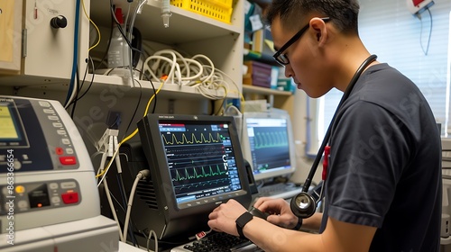 Medical technician using an ECG machine to monitor a patient's heart exhaustive visual investigation of ECG equipment