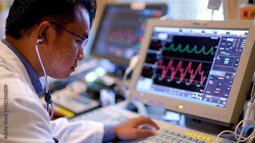 Medical technician using an ECG machine to monitor a patient's heart exhaustive visual investigation of ECG equipment