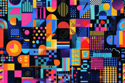 abstract geometry bold shapes and patterns in bright colors on a dark background vector illustration