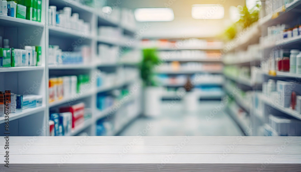 Empty white counter in the foreground with blurred pharmacy drugstore shelves in the background. The image represents a clean and professional retail environment, ready for customer interaction Empty white counter in the foreground with blurred pharmacy drugstore shelves in the background. The image represents a clean and professional retail environment, ready for customer interaction