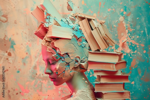 Books stacked meticulously to form an abstract and surreal head sculpture, set against a splattered paint background, representing imagination and creativity. photo
