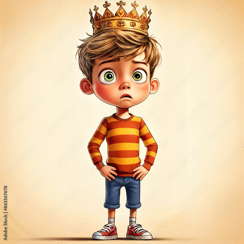 Cartoon boy with blonde hair, wearing a crown and a striped shirt, standing against a plain background. Cartoon boy with blonde hair, wearing a crown and a striped shirt, standing against a plain background.