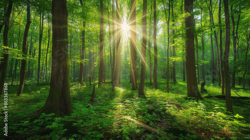 Sunlight filters through dense, lush green forest, casting radiant beams over the vibrant foliage in a tranquil, serene woodland scene. © Na-No Photos