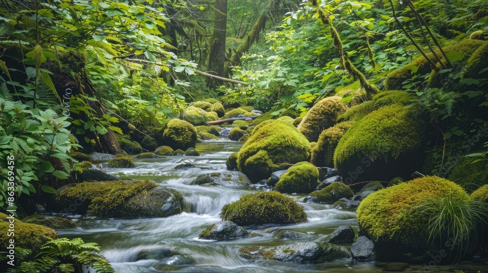 A tranquil forest scene with a clear, bubbling stream running through moss-covered rocks and vibrant green foliage A tranquil forest scene with a clear, bubbling stream running through moss-covered rocks and vibrant green foliage