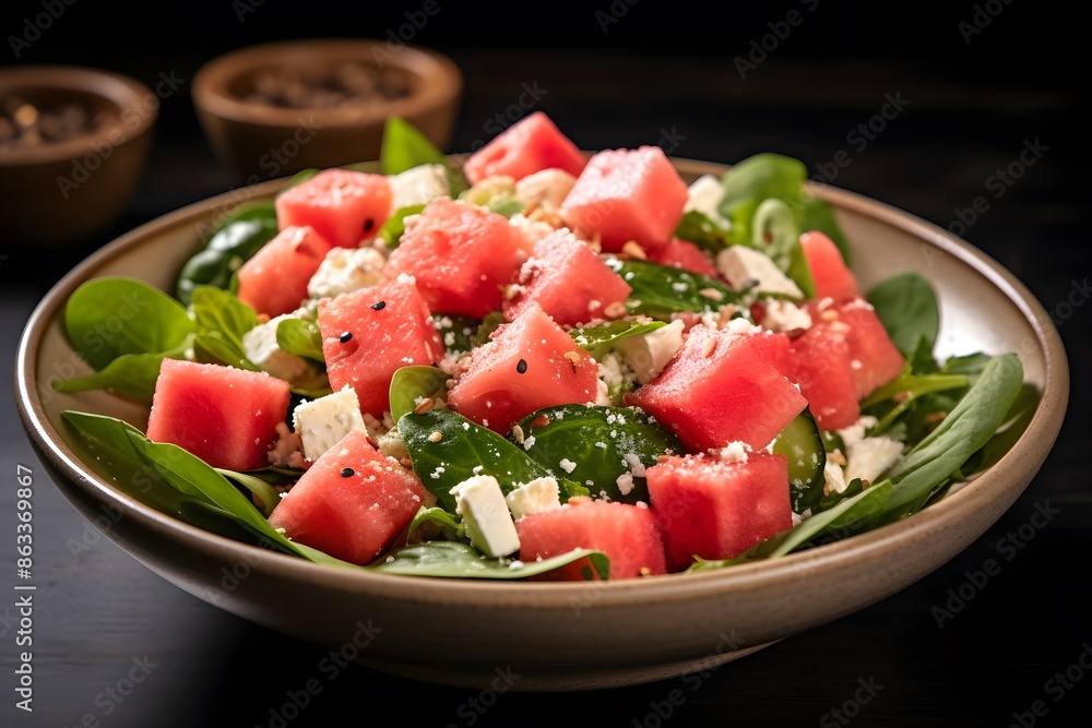 Fresh watermelon and feta cheese salad with mint leaves on a plate. Fresh watermelon and feta cheese salad with mint leaves on a plate.