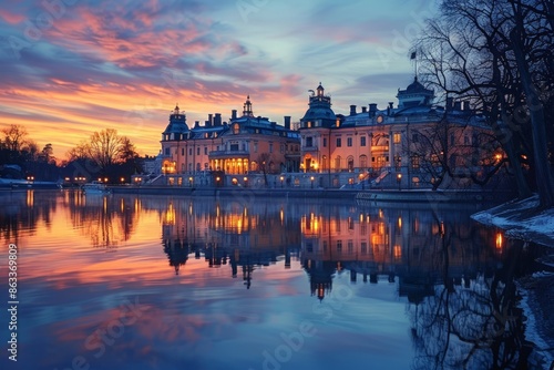 Captivating scene of Drottningholm Palace in Stockholm Sweden at dusk  © mogamju
