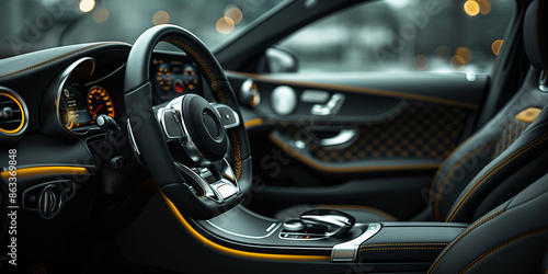 The interior of a modern car, featuring a sleek leather steering wheel, a luxurious leather seat, and a stylish dashboard