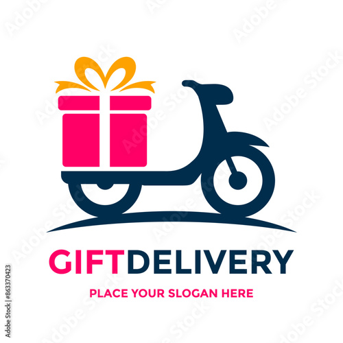 Gift delivery vector logo template. This design use motorcycle and gift box symbol. Suitable for business.