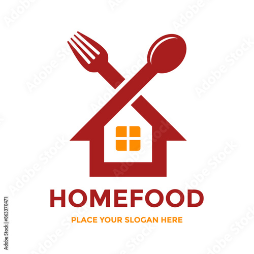 Home food vector logo template. This design use home and cutlery symbol. Suitable for food business, restaurant.
