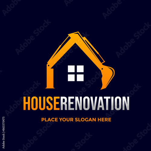 House renovation vector logo template. This design use house and excavator symbol. Suitabel for home service and repair.
