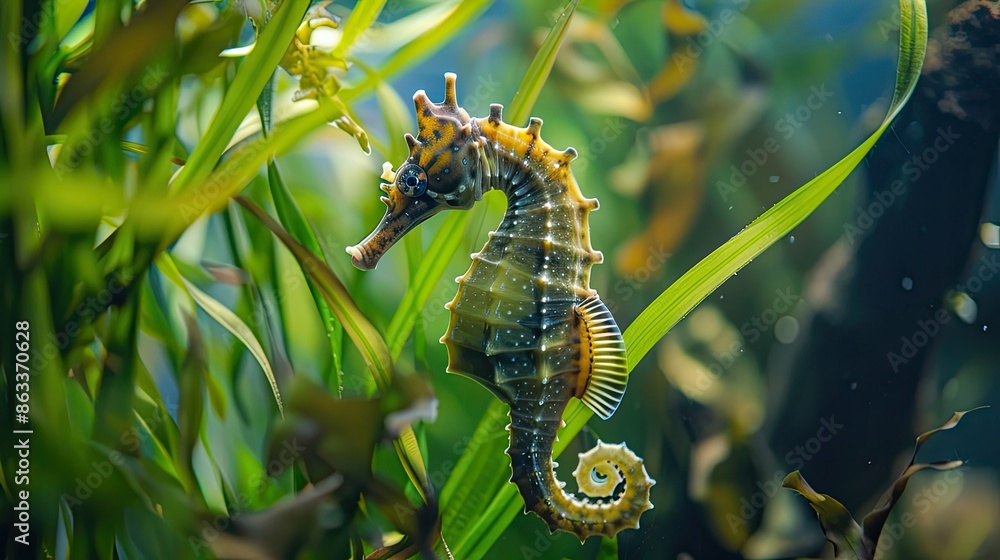 Close-up of a graceful seahorse clinging to underwater plants, with its unique appearance and gentle movement Close-up of a graceful seahorse clinging to underwater plants, with its unique appearance and gentle movement