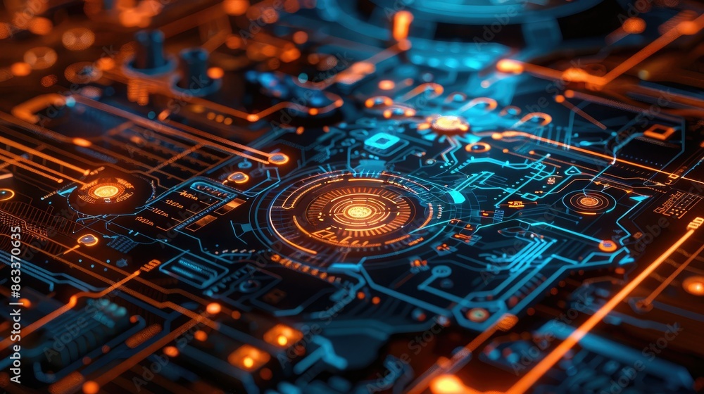 Close-up of a digital interface overlaying engineering drawings, showcasing futuristic technological concepts Close-up of a digital interface overlaying engineering drawings, showcasing futuristic technological concepts