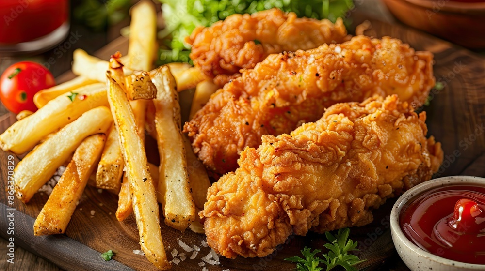 Crispy fried chicken tenders on a cutting board with French fries and ketchup, ideal for a quick and satisfying meal Crispy fried chicken tenders on a cutting board with French fries and ketchup, ideal for a quick and satisfying meal