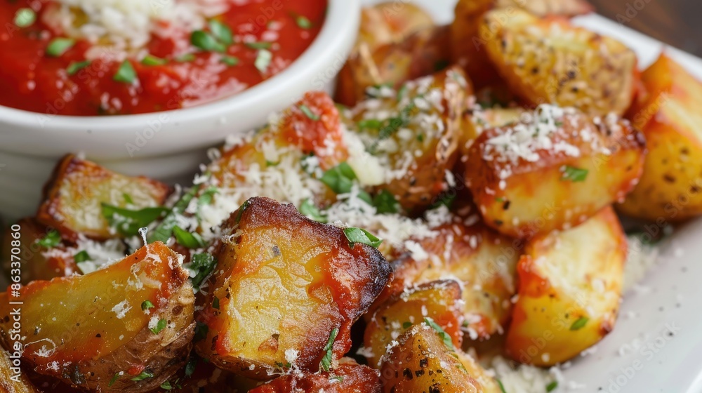 Crispy fried potatoes with a sprinkle of Parmesan cheese and a side of marinara sauce Crispy fried potatoes with a sprinkle of Parmesan cheese and a side of marinara sauce