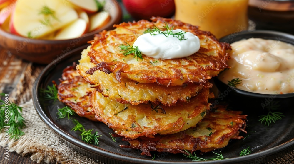 Crispy potato pancakes served with sour cream and applesauce on the side Crispy potato pancakes served with sour cream and applesauce on the side