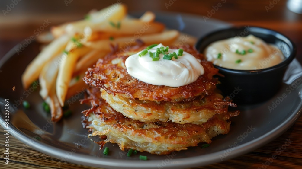 Crispy potato pancakes served with sour cream and applesauce on the side Crispy potato pancakes served with sour cream and applesauce on the side