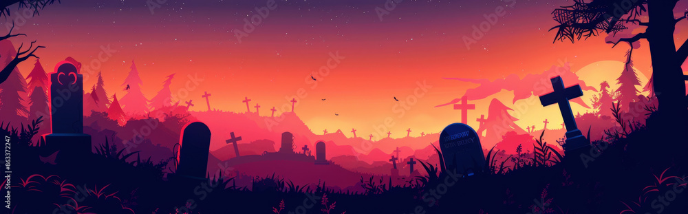 Fototapeta premium background with simplified headstones and crosses on a dark gradient background, focusing on minimal details to evoke a spooky, Halloween graveyard scene