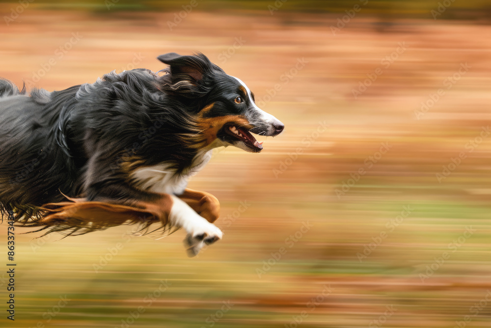 A dog runs at high speed in a meadow in motion with space for blured text or inscriptions
