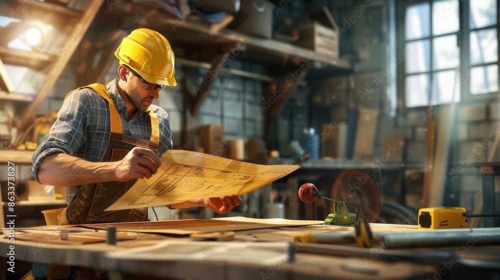 Skilled Carpenter Pondering Blueprints. Craftsmanship Concept Skilled Carpenter Pondering Blueprints. Craftsmanship Concept