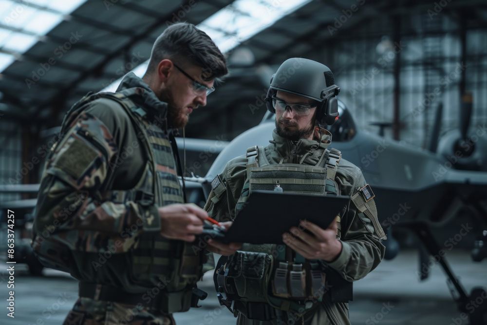 Army engineers or military men working on unmanned aerial vehicles in the background in a dark war hangar
Army engineers or military men working on unmanned aerial vehicles in the background in a dark war hangar