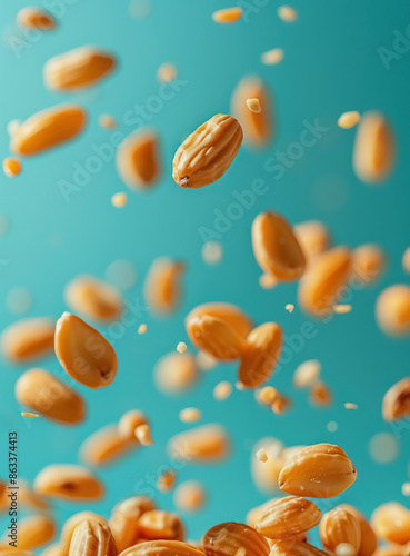 scattered pine nuts flying with dynamic motion on a blue background