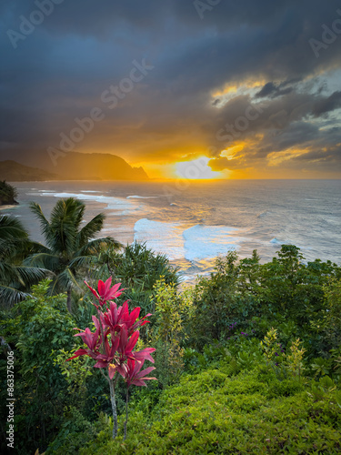 Scenic view of north shore of Hawaiian island of Kauai with its famous Napali coast at sunset