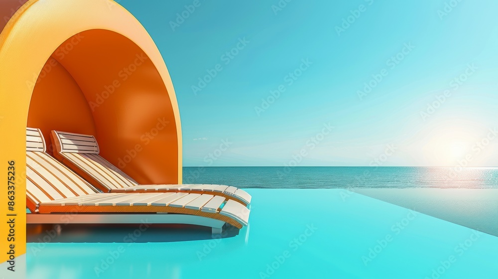 Obraz premium Lounge chairs by infinity pool during bright day