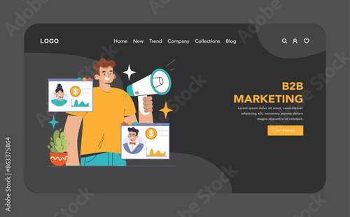 B2B Marketing dark or night mode web, landing. Marketer presents