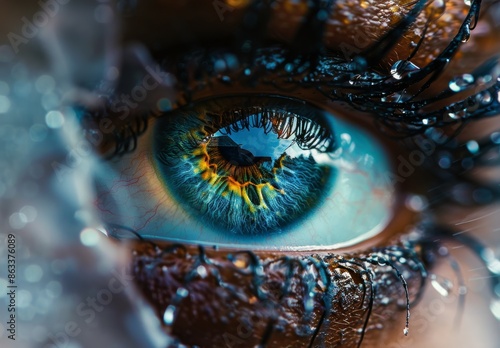 Close Up Of A Human Eye With Blue Iris And Orange Veins