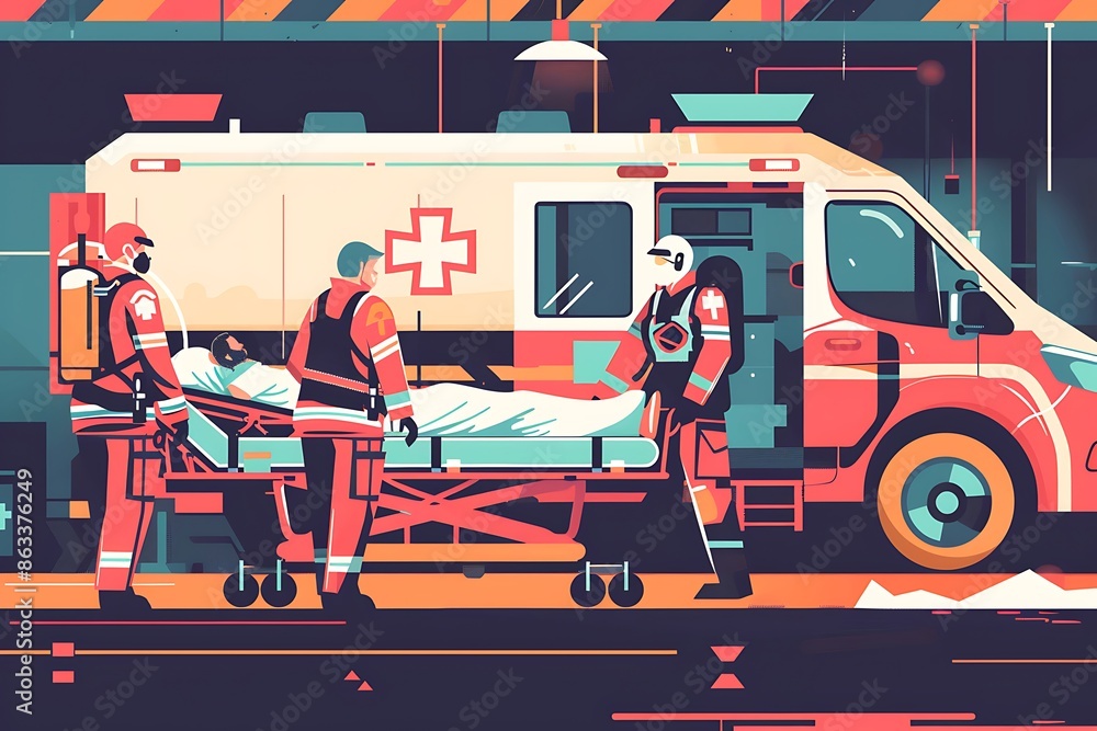Fototapeta premium Paramedic wheeling a patient into the emergency room on a stretcher indepth infographic exploration of emergency transport protocols