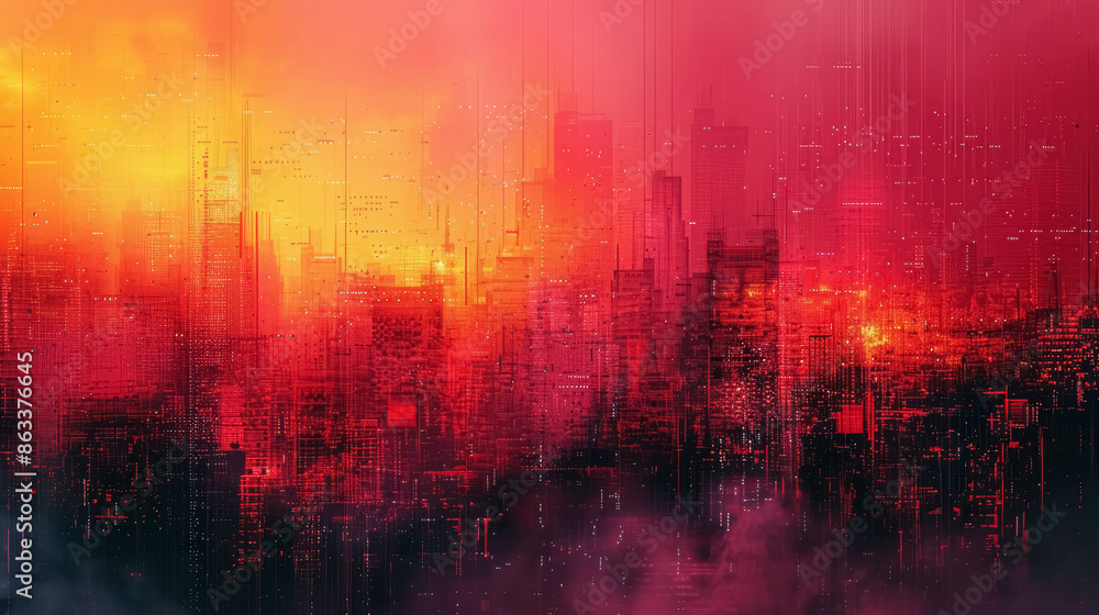 Retro 80s style cityscape with vibrant red and orange glow, illuminated skyscrapers at night Retro 80s style cityscape with vibrant red and orange glow, illuminated skyscrapers at night