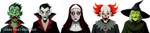 Halloween Cartoon Characters Collection Zombie Vampire Nun Clown Witch Vector SVG