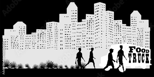 Vector illustration of Foodtruck, people, street musicians against the background of city skyscrapers