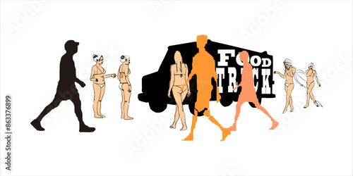 Vector illustration of Foodtruck and people on a beach background